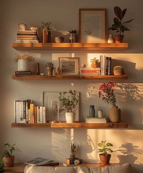 Modern cozy living room with indoor plants and warm lighting